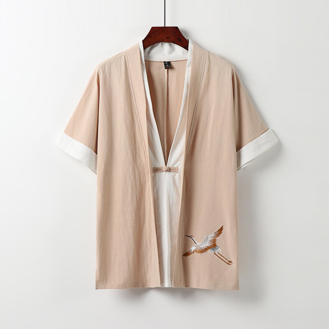 Kimono Hanfu deux pièces pour homme, manches courtes, broderie, en coton confortable, avec Buddha Stones - PeachPuff - US/UK/AU54，EU64 (9XL) - image 12