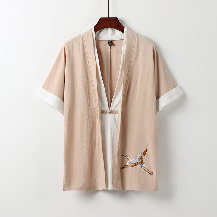 Kimono Hanfu deux pièces pour homme, manches courtes, broderie, en coton confortable, avec Buddha Stones - PeachPuff - US/UK/AU54，EU64 (9XL) - image 12