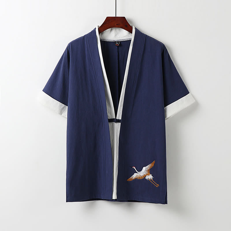 Kimono Hanfu deux pièces pour homme, manches courtes, broderie, en coton confortable, avec Buddha Stones - Bleu foncé - US/UK/AU54，EU64 (9XL) - image 2