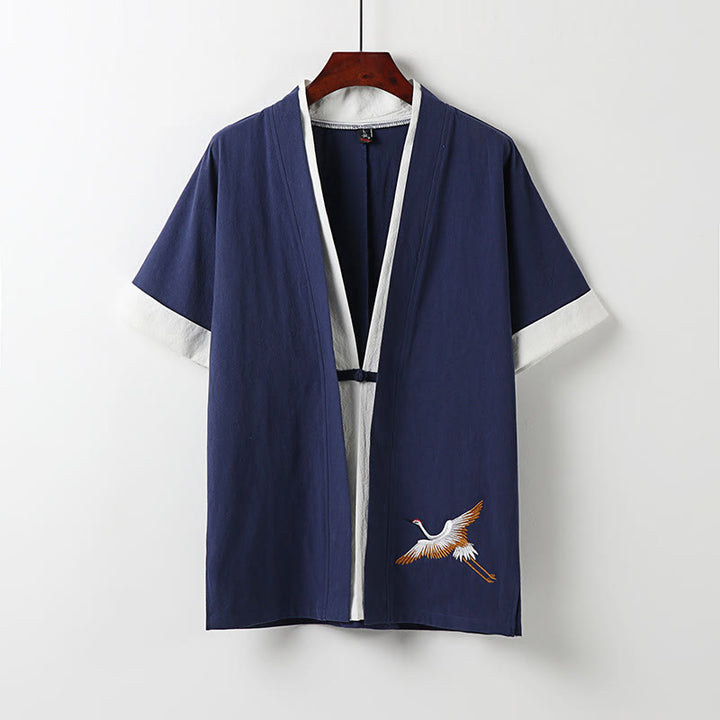 Kimono Hanfu deux pièces pour homme, manches courtes, broderie, en coton confortable, avec Buddha Stones - Bleu foncé - US/UK/AU54，EU64 (9XL) - image 2