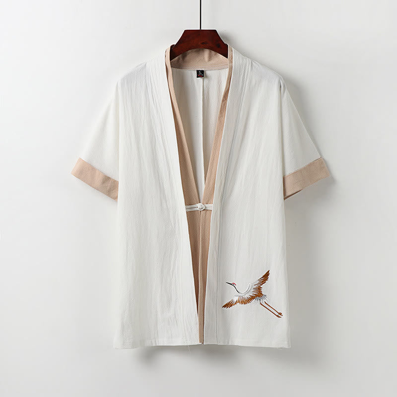 Kimono Hanfu deux pièces pour homme, manches courtes, broderie, en coton confortable, avec Buddha Stones - Blanc - US/UK/AU54，EU64 (9XL) - image 0