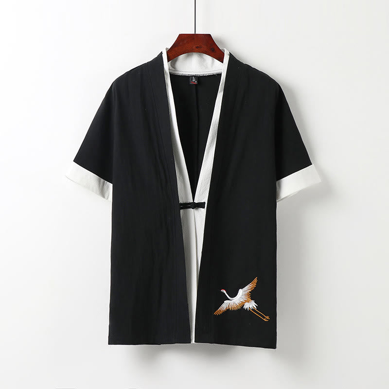 Cardigan à manches mi-longues en fausse Buddha Stones pour homme, chemise en coton confortable brodée Hanfu - Noir - US/UK/AU54，EU64 (9XL) - image 1