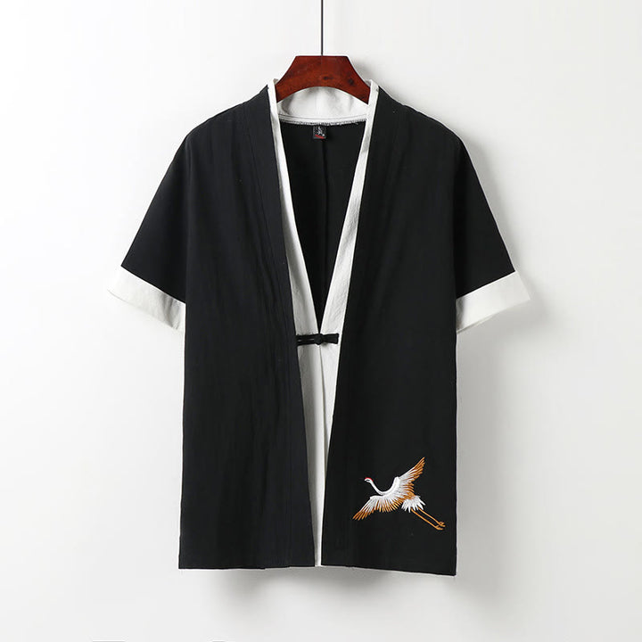 Cardigan à manches mi-longues en fausse Buddha Stones pour homme, chemise en coton confortable brodée Hanfu - Noir - US/UK/AU54，EU64 (9XL) - image 1