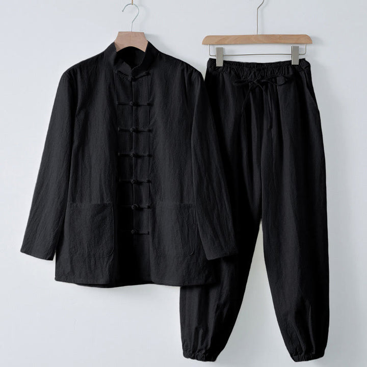 Chemise à manches longues et pantalon pour homme avec boutons de grenouille et Buddha Stones