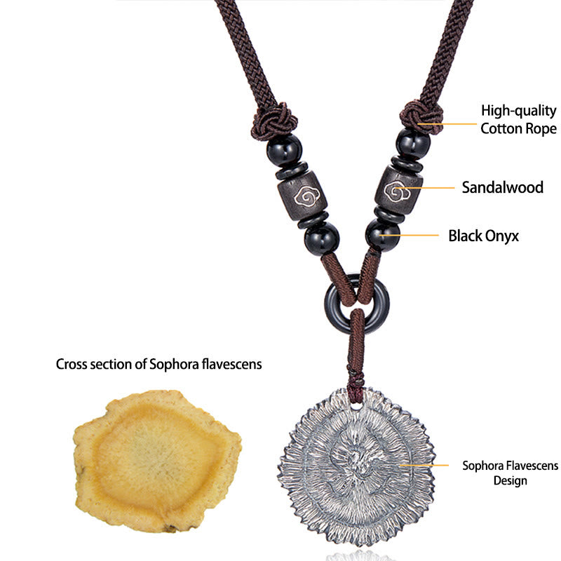 Collier avec pendentif en corde de coton Sophora Flavescens en argent sterling 999 et Buddha Stones