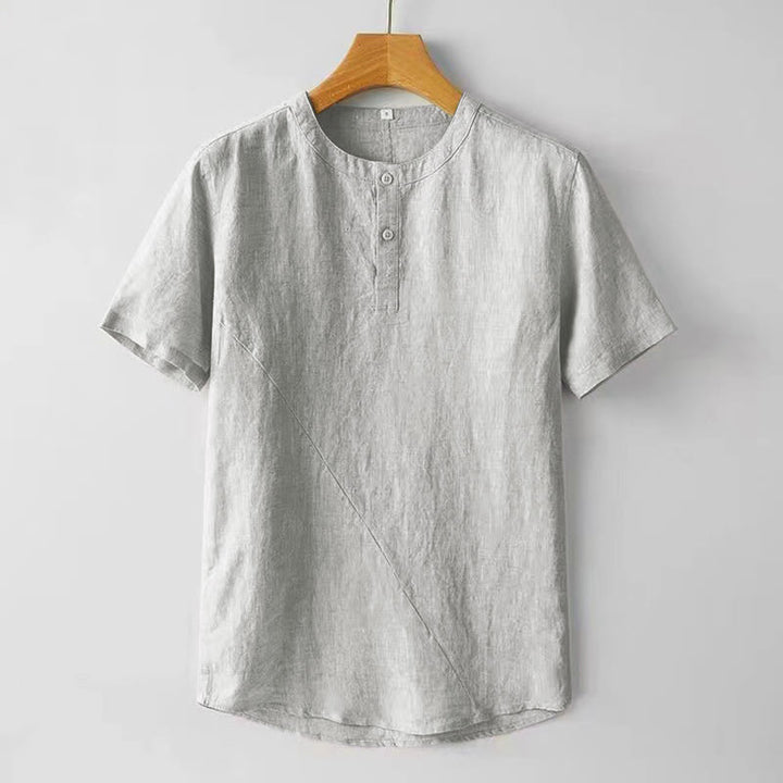 Chemise d'été en coton et lin à manches courtes et boutons de couleur unie pour hommes Buddha Stones - Fumée blanche - US/UK/AU48，EU58 (4XL) - image 9