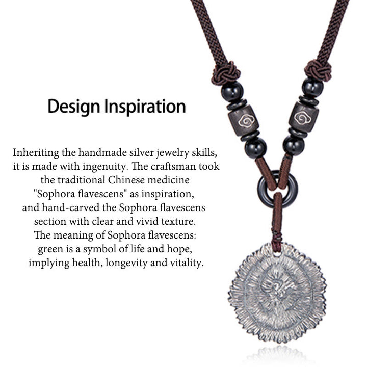 Collier avec pendentif en corde de coton Sophora Flavescens en argent sterling 999 et Buddha Stones