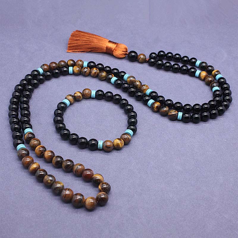 Ensemble Mala paisible en onyx noir tibétain Buddha Stones