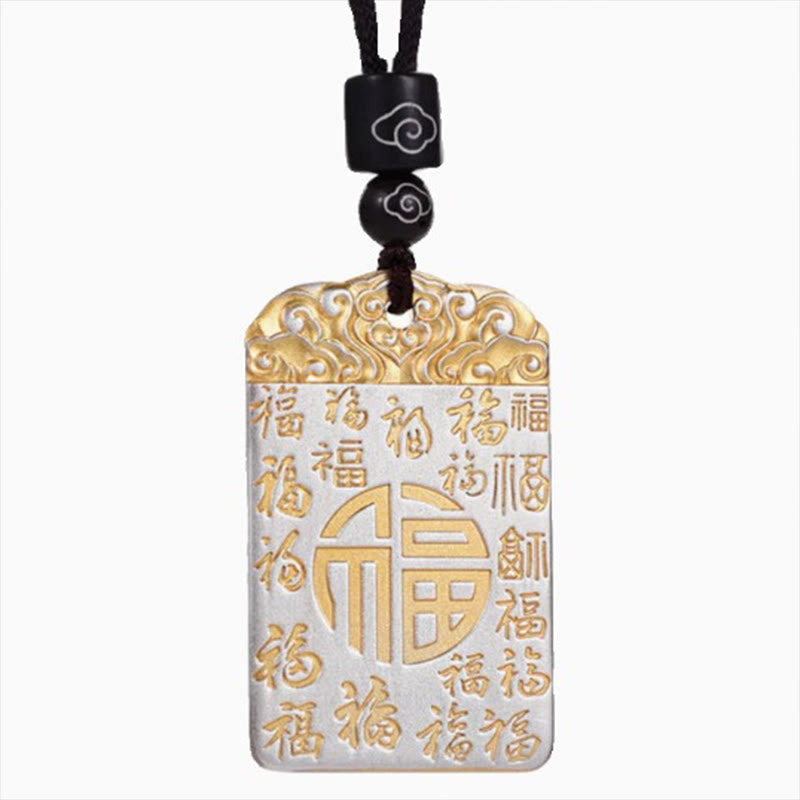 Collier pendentif en corde de chance et de fortune Buddha Stones en cuivre plaqué argent et caractère Fu