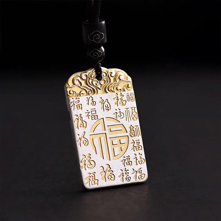 Collier pendentif en corde de chance et de fortune Buddha Stones en cuivre plaqué argent et caractère Fu