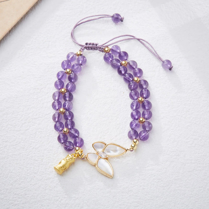 Buddha Stones Bracelet de guérison en bambou, aigue-marine naturelle, améthyste, pierre de lune et papillon - Améthyste (Tour de poignet : environ 14-16 cm) - image 9