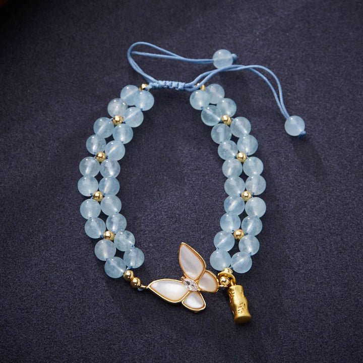 Buddha Stones Bracelet de guérison en bambou, aigue-marine naturelle, améthyste, pierre de lune et papillon - Aigue-marine (Tour de poignet : environ 14-16 cm) - image 0