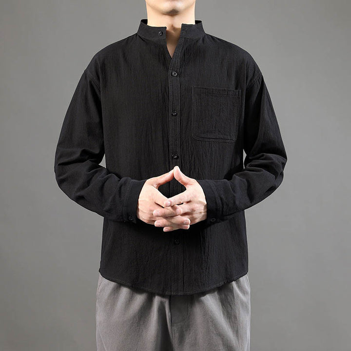 Chemise à manches longues pour homme Buddha Stones avec poche et col montant Chemise confortable en lin - image 17