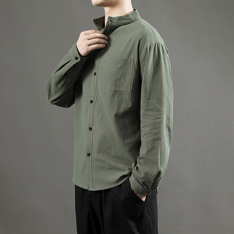 Chemise à manches longues pour homme Buddha Stones avec poche et col montant Chemise confortable en lin - image 6
