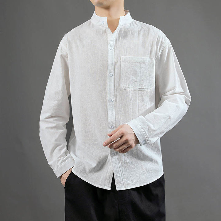 Chemise à manches longues pour homme Buddha Stones avec poche et col montant Chemise confortable en lin - Blanc - US/UK/AU46，EU56 (5XL) - image 10