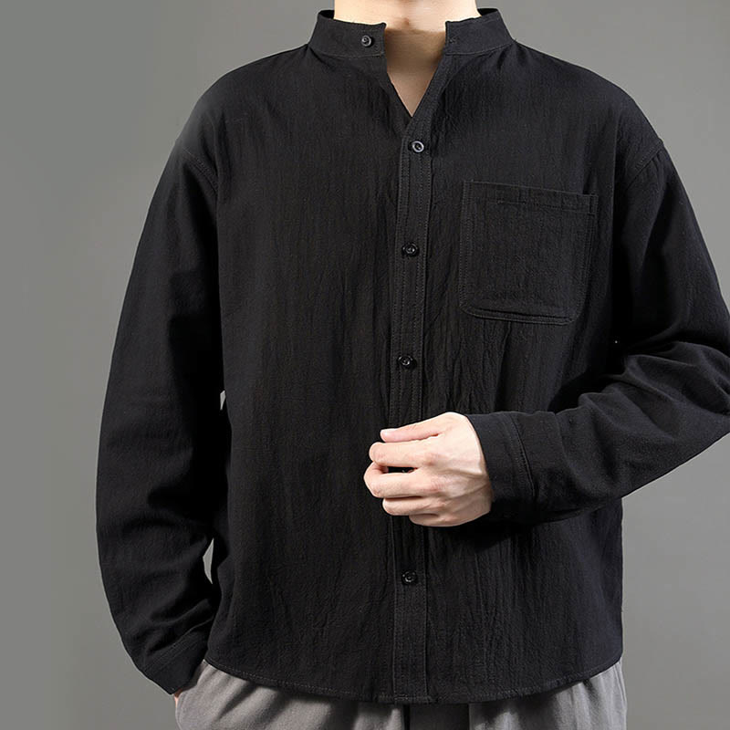 Chemise à manches longues pour homme Buddha Stones avec poche et col montant Chemise confortable en lin - image 19
