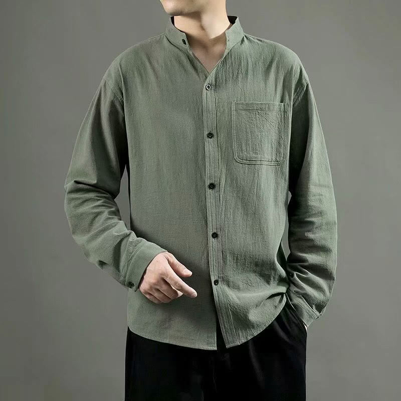 Chemise à manches longues pour homme Buddha Stones avec poche et col montant Chemise confortable en lin - OliveDrab - US/UK/AU46，EU56 (5XL) - image 1