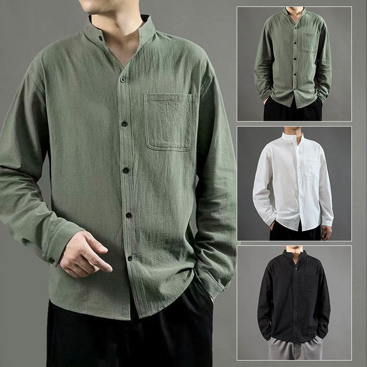 Chemise à manches longues pour homme Buddha Stones avec poche et col montant Chemise confortable en lin - image 9