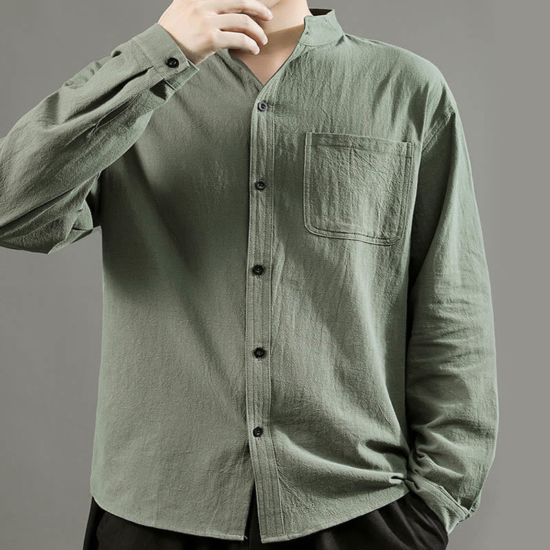 Chemise à manches longues pour homme Buddha Stones avec poche et col montant Chemise confortable en lin - image 3