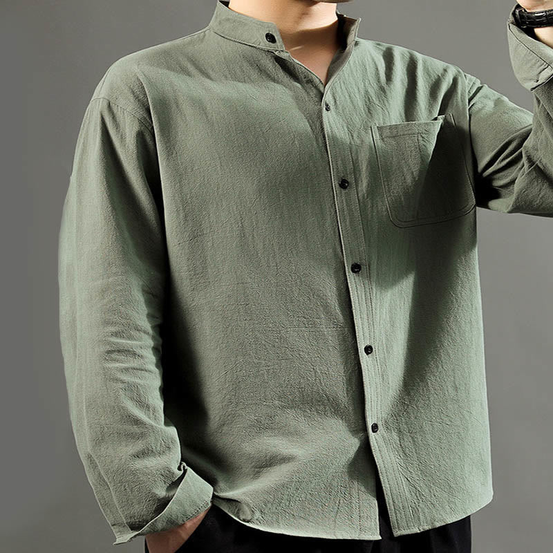 Chemise à manches longues pour homme Buddha Stones avec poche et col montant Chemise confortable en lin - image 5