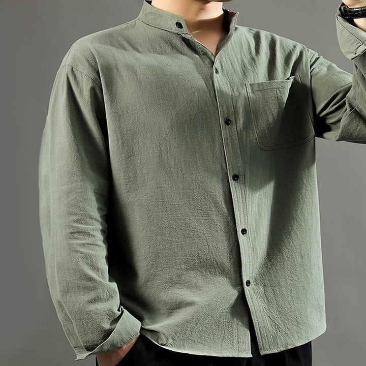 Chemise à manches longues pour homme Buddha Stones avec poche et col montant Chemise confortable en lin - image 5