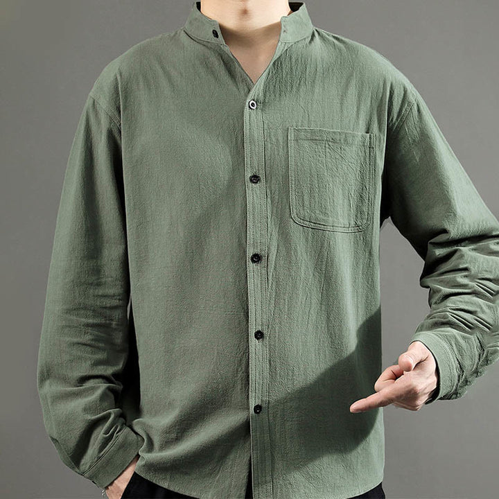 Chemise à manches longues pour homme Buddha Stones avec poche et col montant Chemise confortable en lin - image 8