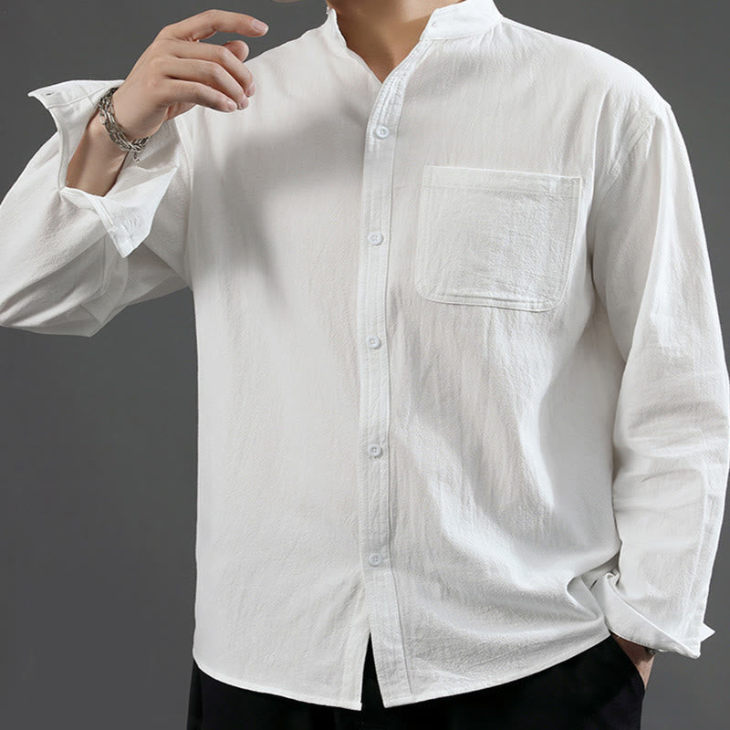 Chemise à manches longues pour homme Buddha Stones avec poche et col montant Chemise confortable en lin - image 11