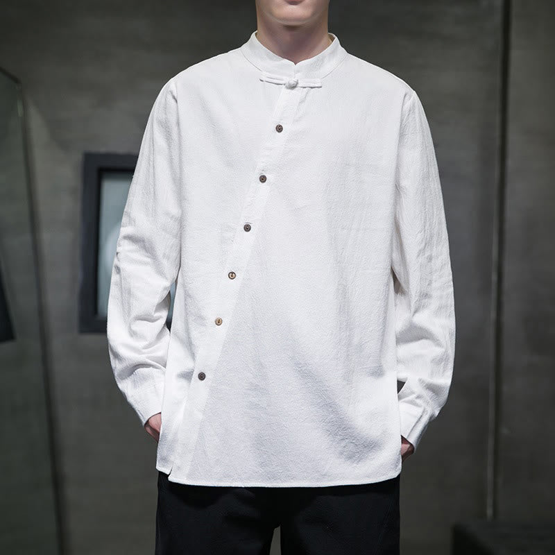 Chemise à manches longues pour homme Buddha Stones Chemise confortable en coton et lin à col montant - Blanc - US/UK/AU46，EU56 (5XL) - image 0