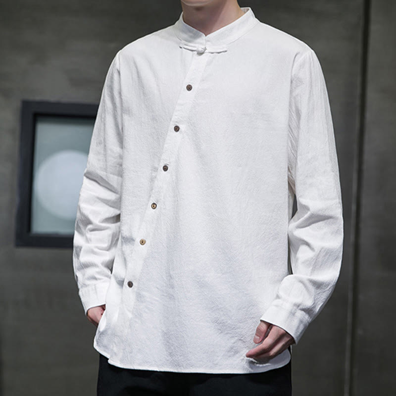 Chemise à manches longues pour homme Buddha Stones Chemise confortable en coton et lin à col montant - image 1