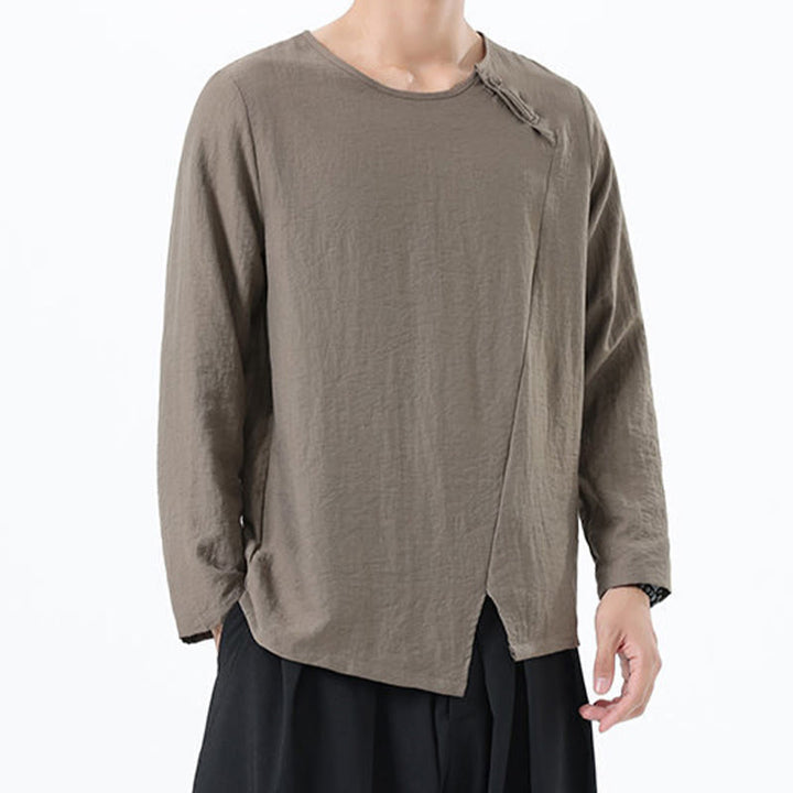 Chemise confortable en coton et lin à manches longues et col rond pour homme Buddha Stones - image 3