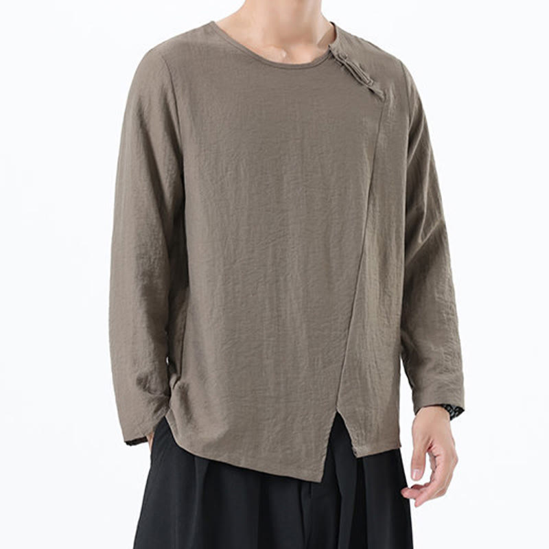 Chemise confortable en coton et lin à manches longues et col rond pour homme Buddha Stones - image 3