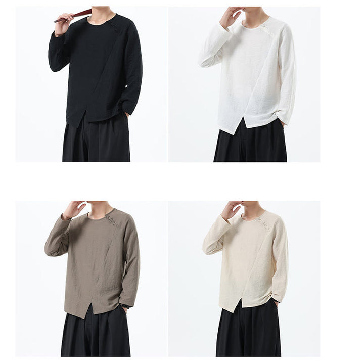 Chemise confortable en coton et lin à manches longues et col rond pour homme Buddha Stones - image 34