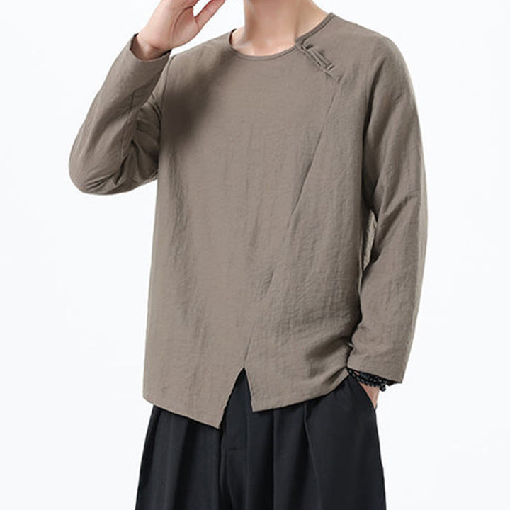 Chemise confortable en coton et lin à manches longues et col rond pour homme Buddha Stones - image 4