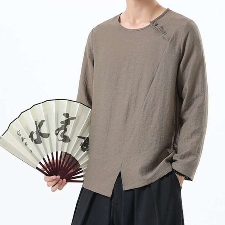 Chemise confortable en coton et lin à manches longues et col rond pour homme Buddha Stones - image 5