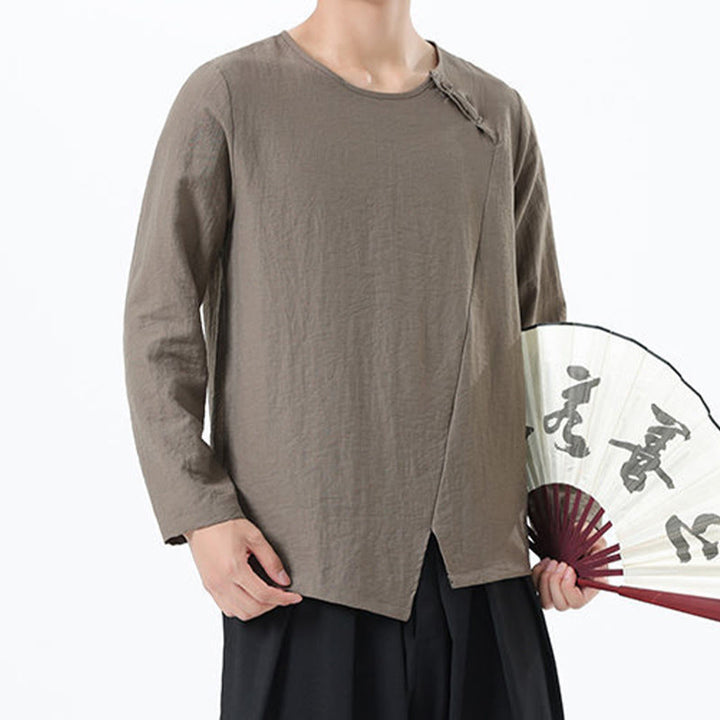 Chemise confortable en coton et lin à manches longues et col rond pour homme Buddha Stones - image 1