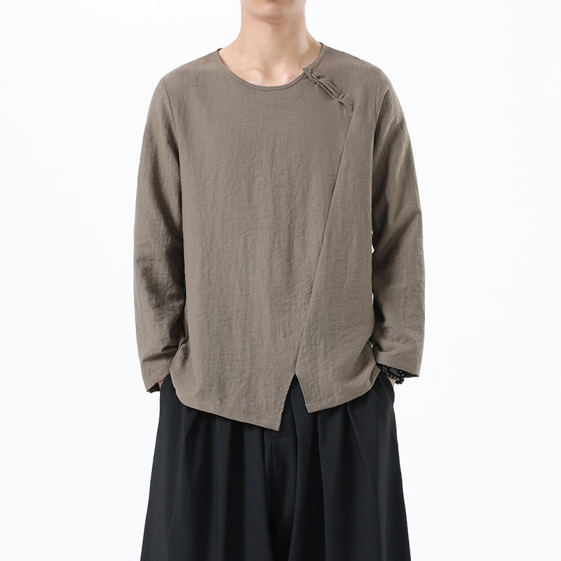 Chemise confortable en coton et lin à manches longues et col rond pour homme Buddha Stones - Tanné - US/UK/AU46，EU56 (5XL) - image 0