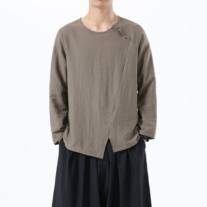 Chemise confortable en coton et lin à manches longues et col rond pour homme Buddha Stones - Tanné - US/UK/AU46，EU56 (5XL) - image 0