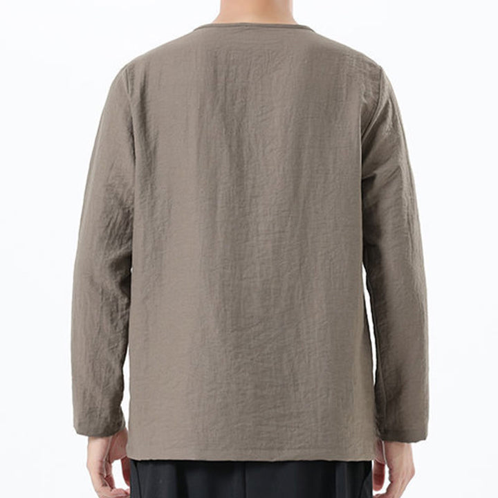 Chemise confortable en coton et lin à manches longues et col rond pour homme Buddha Stones - image 2