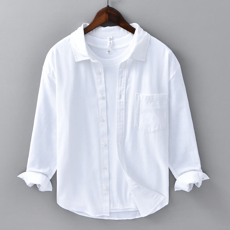 Chemise à manches longues et col rabattu pour homme avec poche Buddha Stones en coton confortable de couleur unie