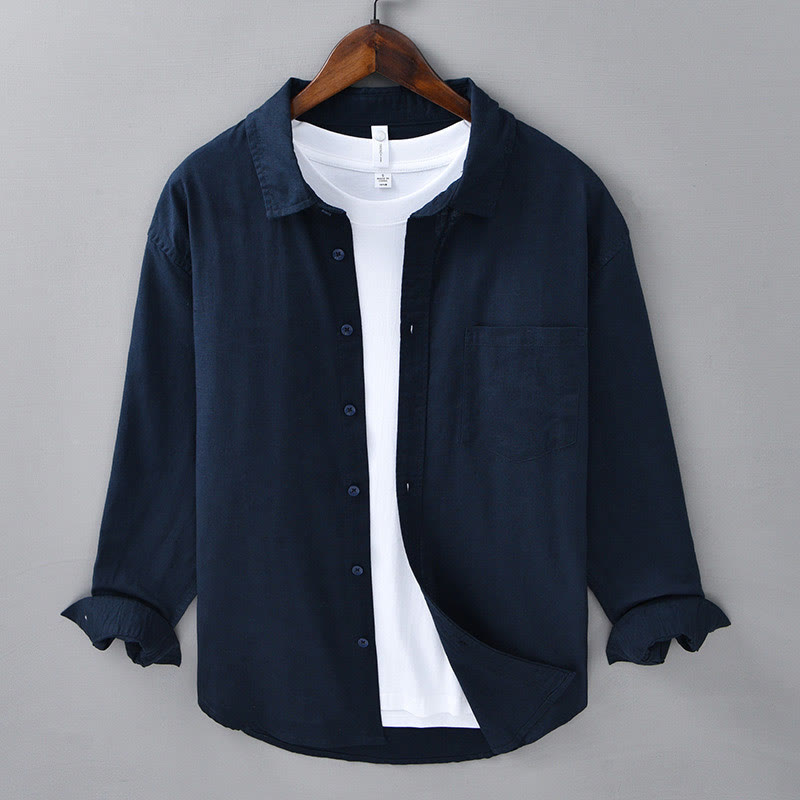 Chemise à manches longues et col rabattu pour homme avec poche Buddha Stones en coton confortable de couleur unie