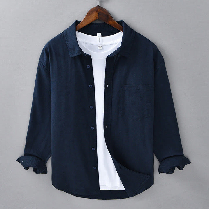 Chemise à manches longues et col rabattu pour homme avec poche Buddha Stones en coton confortable de couleur unie