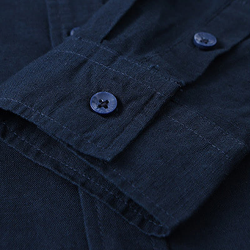 Chemise à manches longues et col rabattu pour homme avec poche Buddha Stones en coton confortable de couleur unie