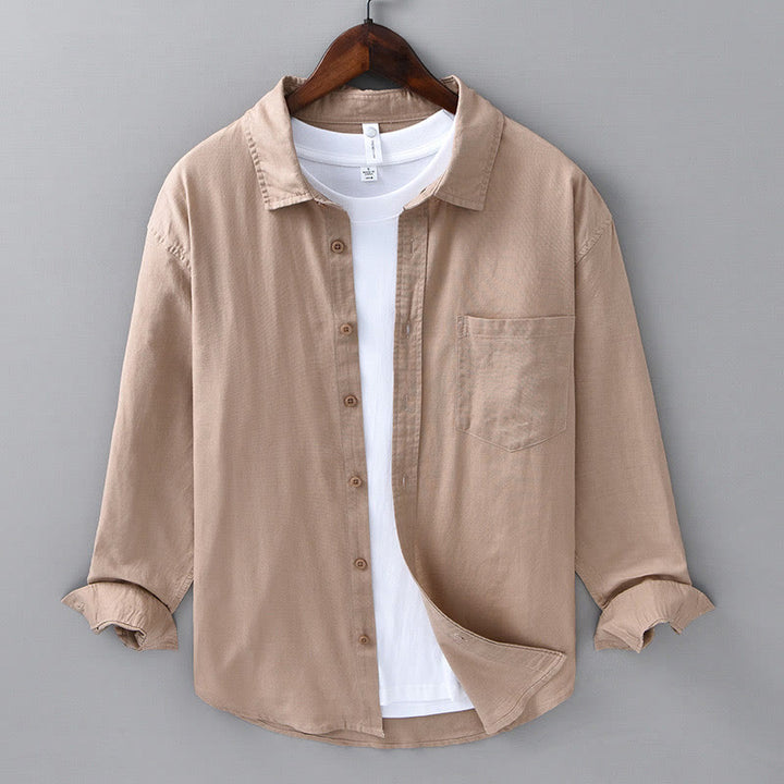 Chemise à manches longues et col rabattu pour homme avec poche Buddha Stones en coton confortable de couleur unie