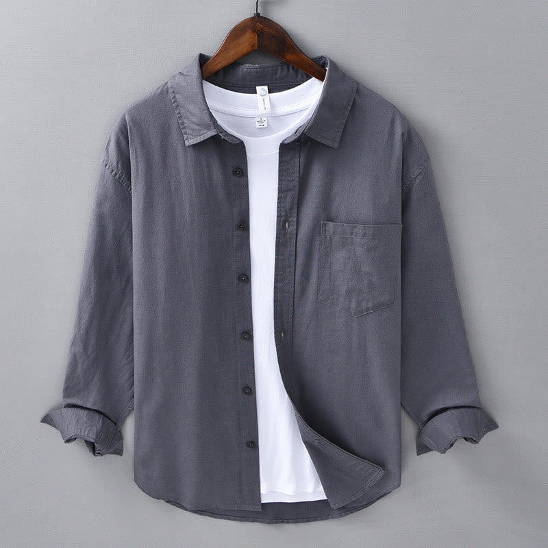 Chemise à manches longues et col rabattu pour homme avec poche Buddha Stones en coton confortable de couleur unie