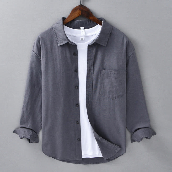 Chemise à manches longues et col rabattu pour homme avec poche Buddha Stones en coton confortable de couleur unie