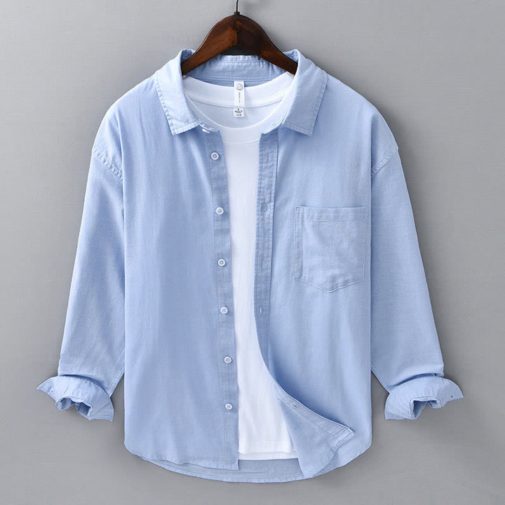 Chemise à manches longues et col rabattu pour homme avec poche Buddha Stones en coton confortable de couleur unie