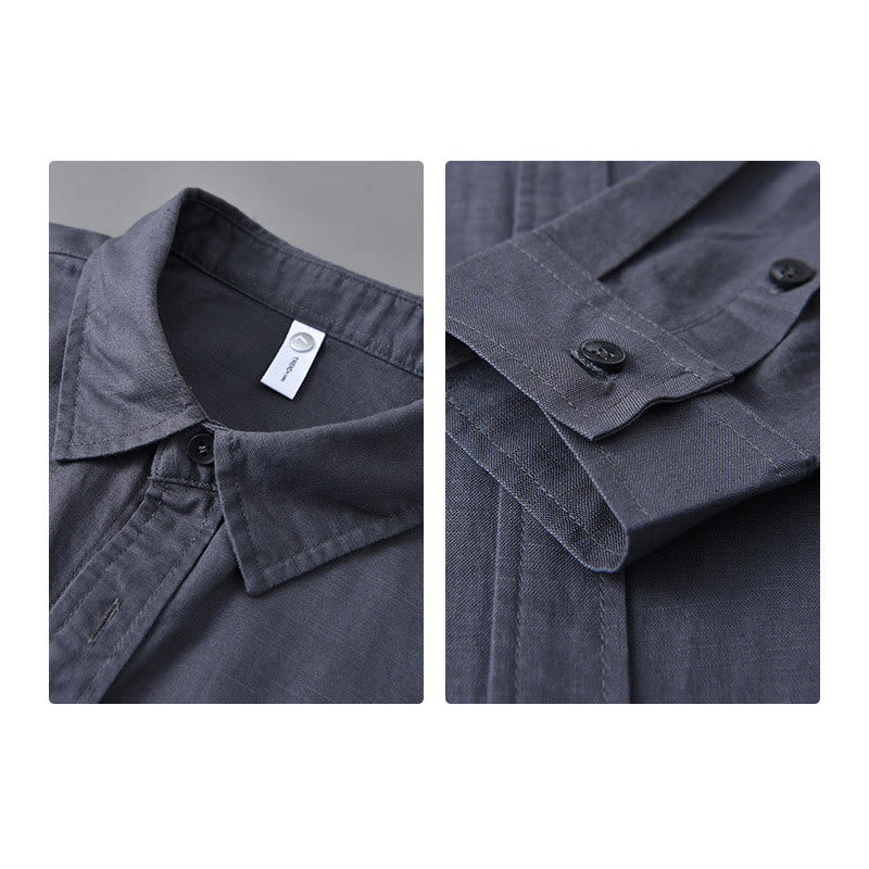 Chemise à manches longues et col rabattu pour homme avec poche Buddha Stones en coton confortable de couleur unie