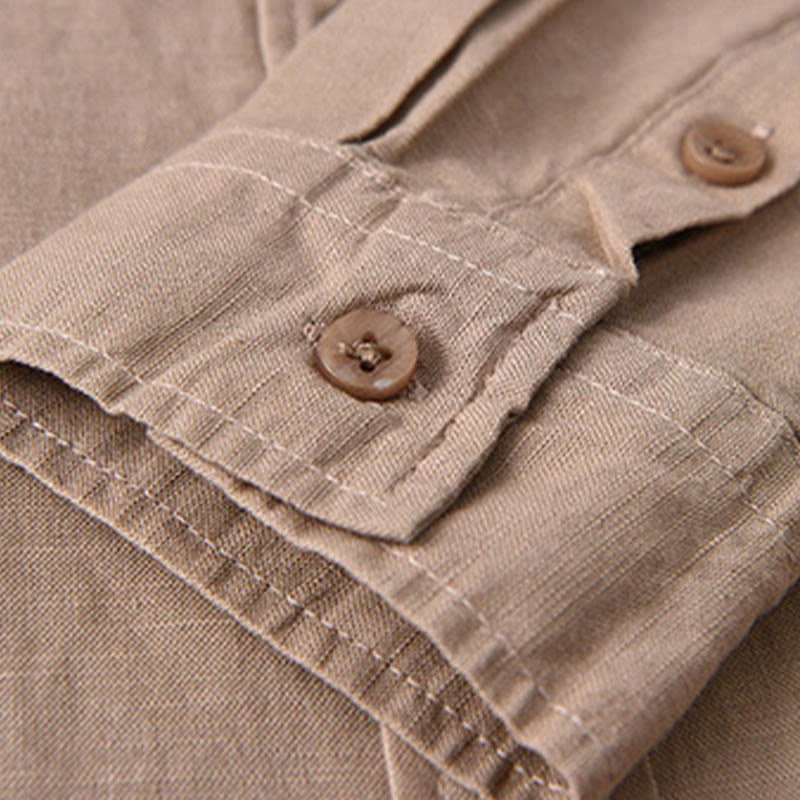 Chemise à manches longues et col rabattu pour homme avec poche Buddha Stones en coton confortable de couleur unie
