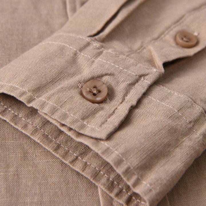 Chemise à manches longues et col rabattu pour homme avec poche Buddha Stones en coton confortable de couleur unie