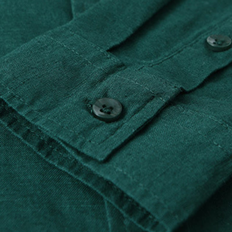 Chemise à manches longues et col rabattu pour homme avec poche Buddha Stones en coton confortable de couleur unie